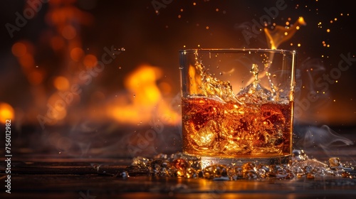 A glass of whiskey is being poured into a fire, AI