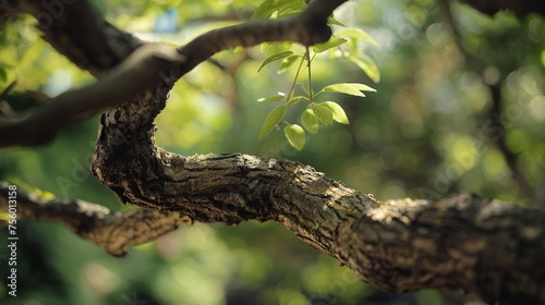 Close-up view of a branch of a tree with vibrant green leaves in natural light.