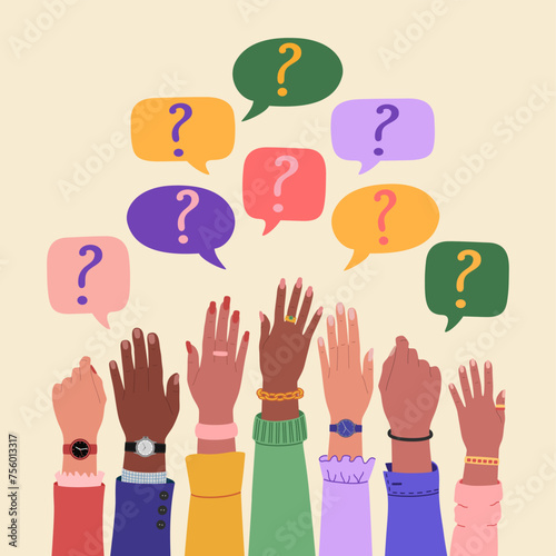 People raising hands and speech bubbles with questions marks. FAQ and questions concept. Hand drawn vector vector illustration isolated on light background, flat cartoon style.