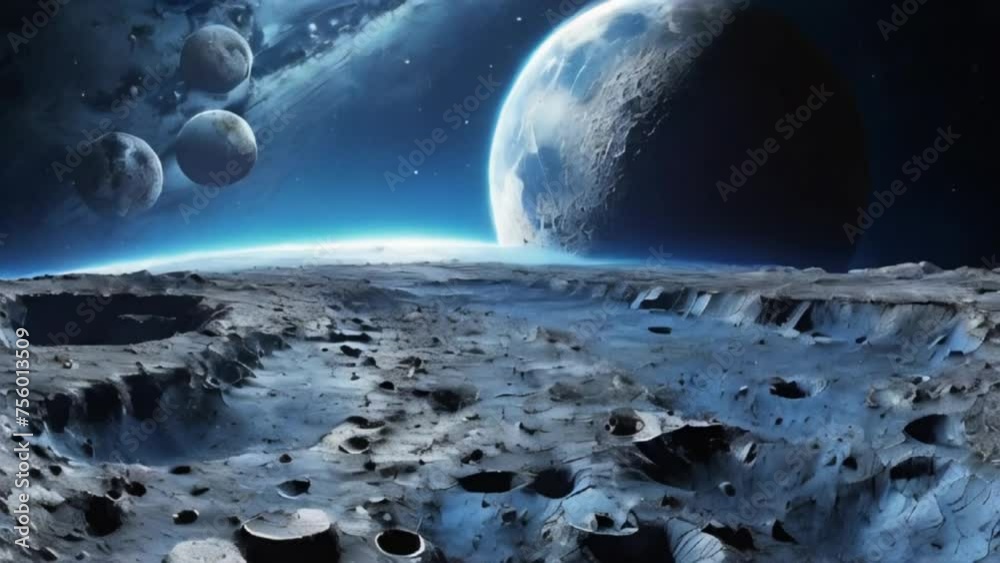 Lunar landscape in cool blue tones. View from the cold surface of the ...