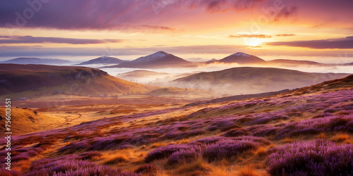 landscape of hills and heather, Scotland, background with copyspace