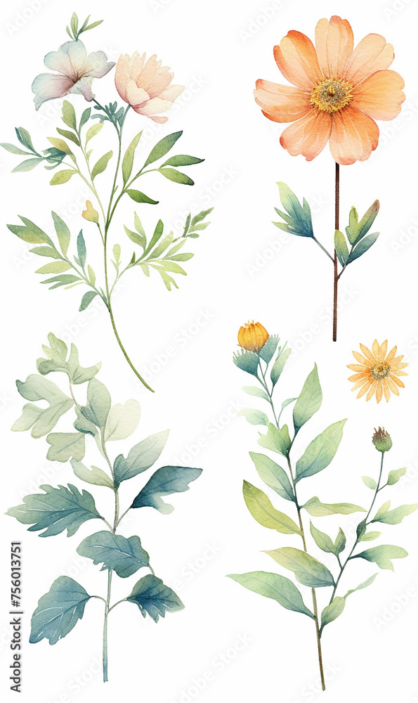 Collection of various watercolor flowers with stems and leaves. - obrazy, fototapety, plakaty 