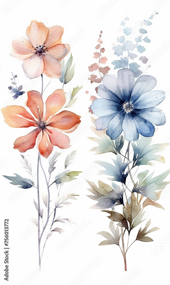 Two watercolor flowers with delicate hues and soft shadows.