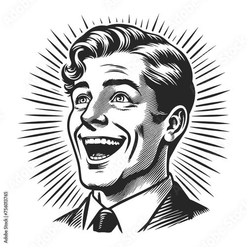 Ecstatic overjoyed happy businessman, vintage classic retro style. Gentleman sketch engraving generative ai fictional character vector illustration. Scratch board imitation.