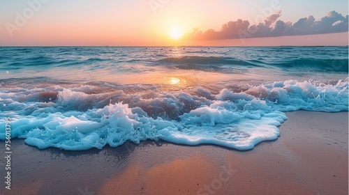 A sunset over the ocean with waves crashing on shore, AI