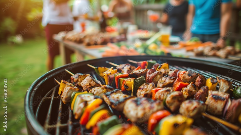 A detailed view of food sizzling on a barbecue pit in the backyard. - obrazy, fototapety, plakaty 