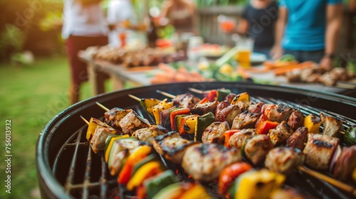 A detailed view of food sizzling on a barbecue pit in the backyard. photo