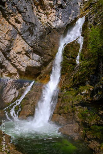Slovenia: Savica Waterfall.Savica Waterfall is located in Triglav National Park, Slovenia. A waterfall in the form of two streams coming from different sources. Tourism in Europe. photo