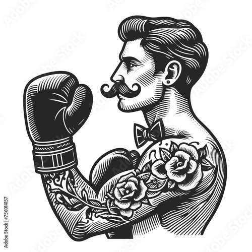 Old fashioned Vintage Boxer with tattoo Gloves gentleman man classic mustache sketch engraving generative ai fictional character vector illustration. Scratch board imitation. Black and white image.