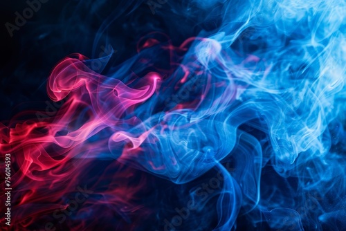 Abstract blue and red smoke steam moves on a black background . The concept of aromatherapy