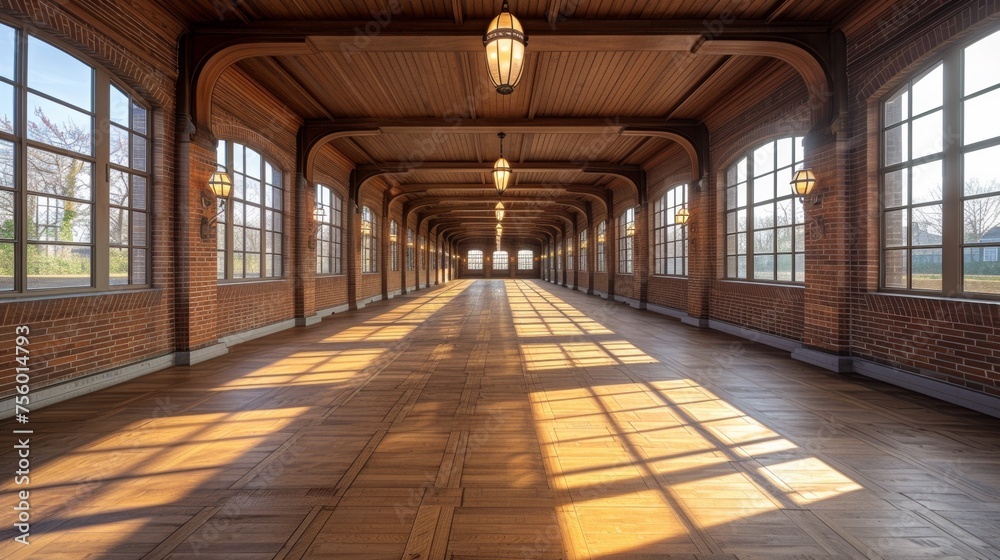 A long hallway with many windows and a wooden floor, AI
