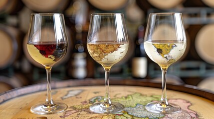 Three wine glasses with maps of the world on them, AI