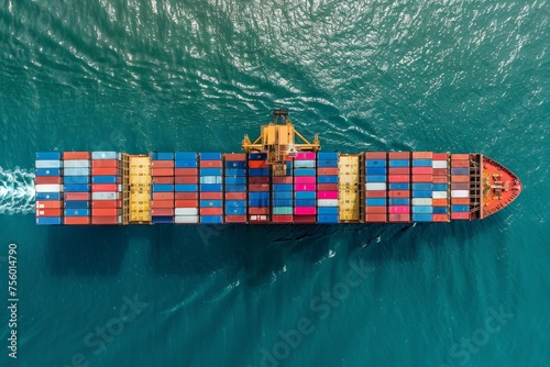 Aerial top view container ship with crane bridge for load container, Business global company commercial trade logistics import export, Freight shipping cargo vessel transportation