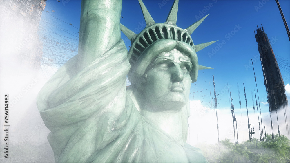 Obraz premium State of liberty in futuristic city, desert, flying cars and ships traffic. Future architecture concept. 3d rendering.