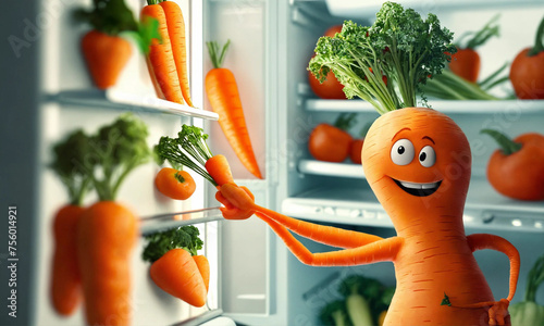 A carrot character personified as a man opens a fridge full of fresh produce, depicting a healthy diet choice