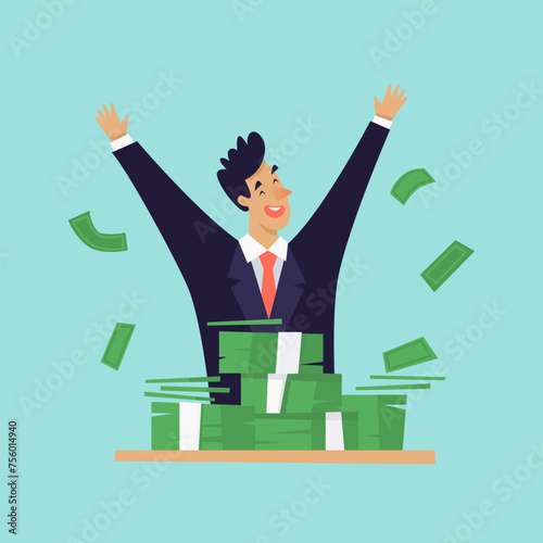 Investments, successful investor with a lot of money, business. Flat illustration