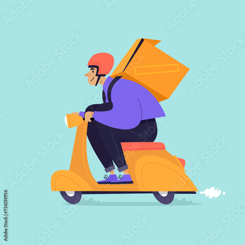 Man rides a moped carrying pizza, food delivery. Flat illustration