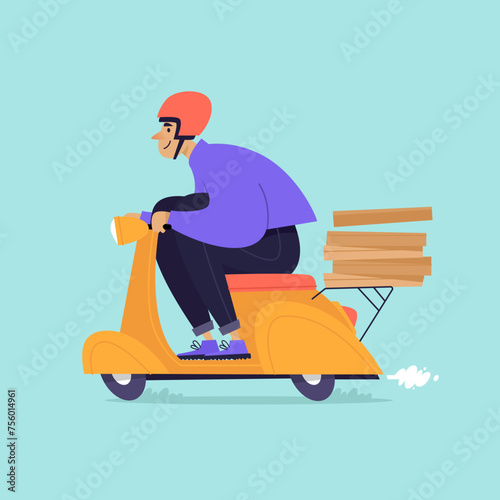 Man rides a moped carrying pizza, food delivery. Flat illustration