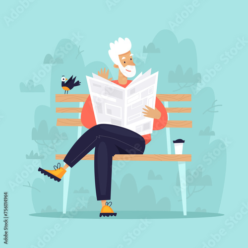 Pensioner reading a newspaper in the park on a bench. Flat illustration © sidop