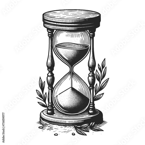 Vintage hourglass, symbolizing time and transformation sketch engraving generative ai vector illustration. Scratch board imitation. Black and white image.