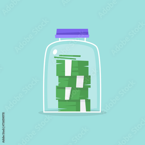 Money in a glass jar, savings, put aside money. Flat illustration