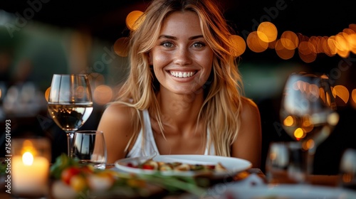 A woman smiling at the camera while sitting in front of a plate with food  AI