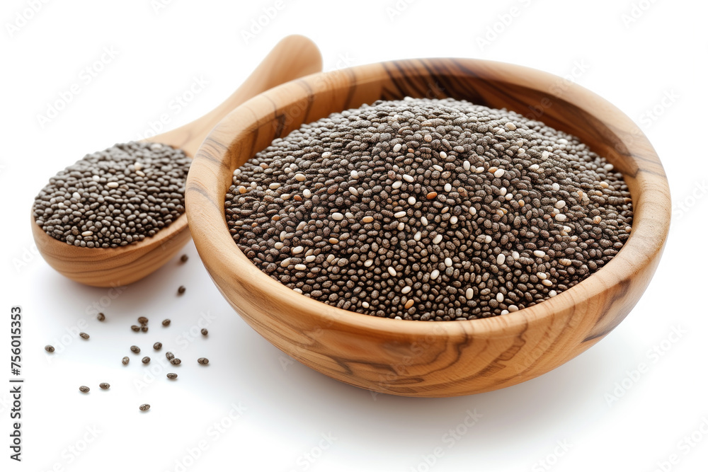 Close-up view of organic chia seeds in a wooden bowl with a spoon, isolated on white background. Close-up view of organic chia seeds in a wooden bowl with a spoon, isolated on white background.
