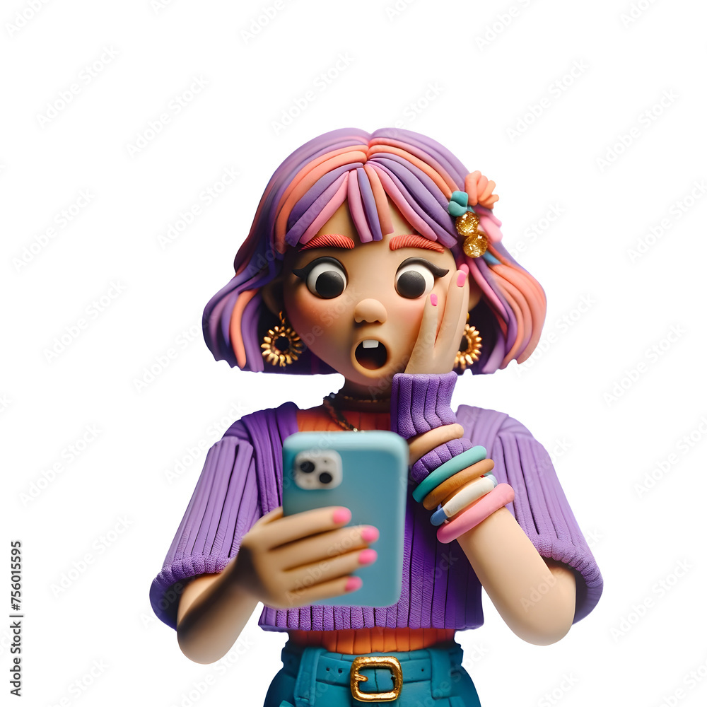 Personnage en pâte à modeler : Femme en violet tenant son téléphone avec une expression choquée - obrazy, fototapety, plakaty 