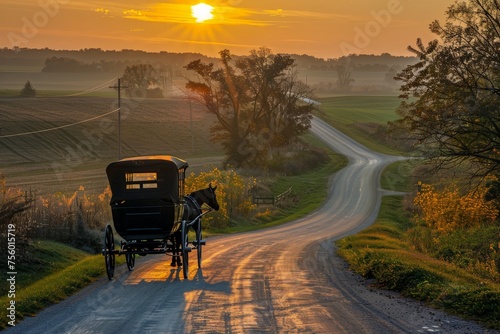 Amish Buggy at Sunrise on rural Indiana road with shadows