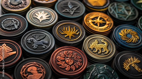 Gaming token set for board games with intricate designs and thematic elements © Orxan