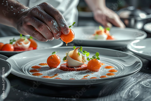 the elegance of a fine dining establishment, with chefs meticulously plating gourmet dishes featuring innovative flavor combinations and artistic presentations photo