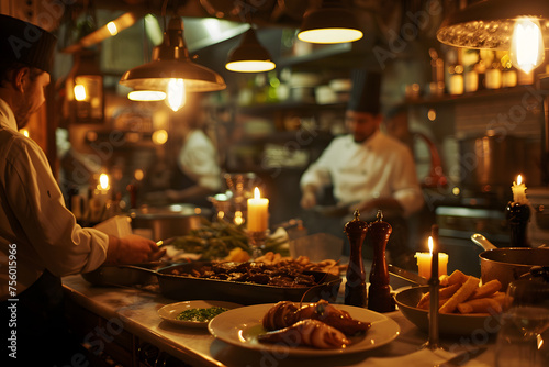 the cozy intimacy of a candlelit French brasserie, with chefs preparing classic bistro fare like steak frites, coq au vin, and escargot photo