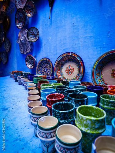 colorful scene at souvenir shop in Chefchaouen Morocco photo