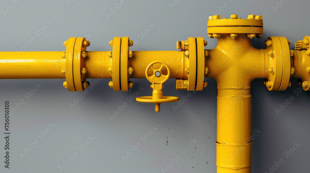 Yellow gas pipe with valve on grey background with copy space. Gas transportation system. Repair concept. Generative AI
