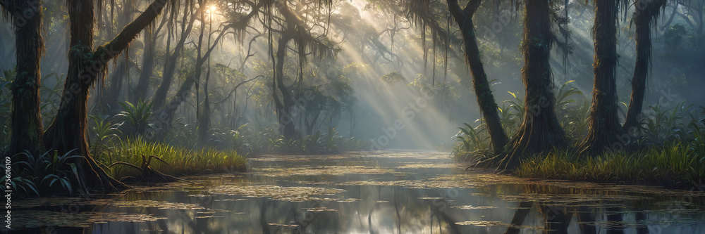 An idyllic nature scenery of a peaceful forest swamp nestled in the heart of a dense forest, with sunlight filtering through the trees and casting beautiful light rays on the water's surface - obrazy, fototapety, plakaty 