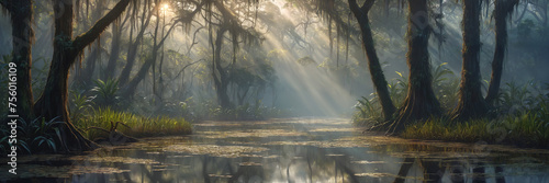 An idyllic nature scenery of a peaceful forest swamp nestled in the heart of a dense forest, with sunlight filtering through the trees and casting beautiful light rays on the water's surface