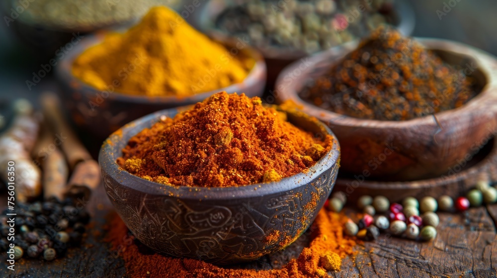 A blend of spices, including turmeric, cumin, coriander and pepper generative ai A blend of spices, including turmeric, cumin, coriander and pepper generative ai