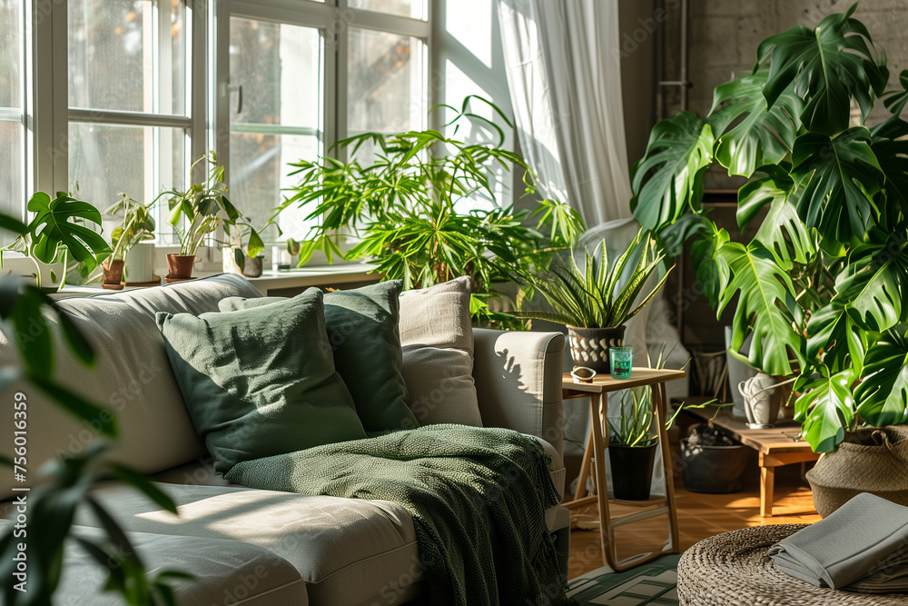 Fototapeta premium cozy home interior of living room with green houseplants and sofas