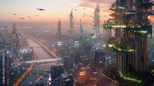 A futuristic city at dusk blends tech and nature. Bio-luminescent skyscrapers with vertical gardens, hovering vehicles, and a serene river reflect a harmonious world