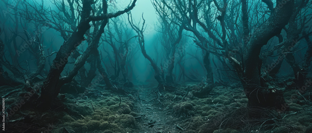 Fototapeta premium Scary misty dark forest at night, magical spooky foggy woods with dry trees and path. Gloomy landscape in mystic fairy tale world. Concept of fantasy, nature, horror, banner, mist,