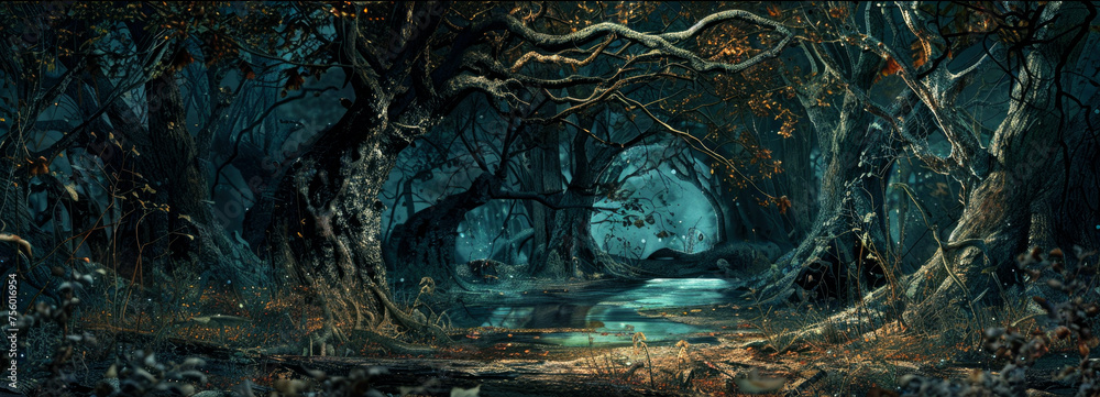 Panoramic view of scary dark forest at night, magical spooky woods with path and blue light. Gloomy landscape in fairy tale world. Concept of fantasy, nature, horror, banner - obrazy, fototapety, plakaty 