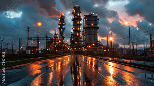 Oil and gas refinery plant or petrochemical industry, road to factory at night. Perspective view of chemical petroleum industrial buildings and sky. Concept of power, steel, energy,