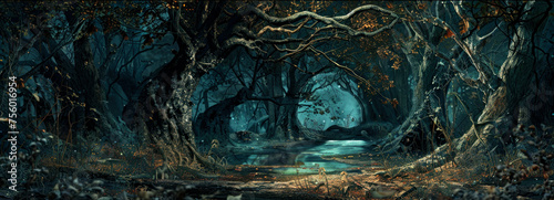 Panoramic view of scary dark forest at night, magical spooky woods with path and blue light. Gloomy landscape in fairy tale world. Concept of fantasy, nature, horror, banner #756016954