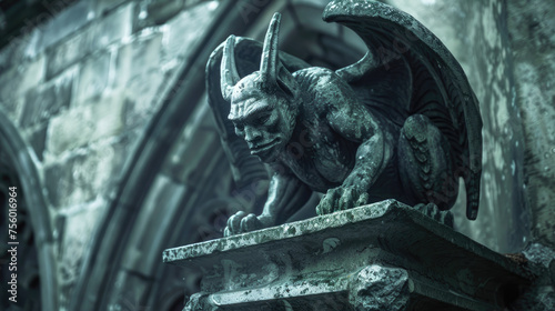 Gargoyle on Gothic cathedral roof, old monster statue close-up. Vintage stone demon sculpture on building wall background. Concept of chimera, devil and fantasy