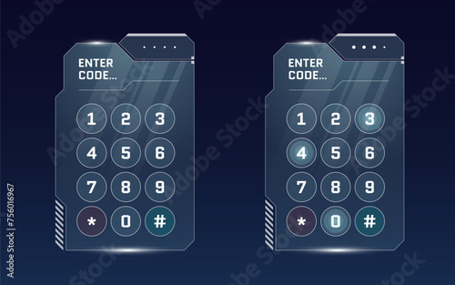 HUD digital futuristic user interface PIN code entry panel set. Sci Fi high tech protection glow screen GUI or FUI concept. Game menu authorization numeric password keypad. Unlock keyboard dashboard