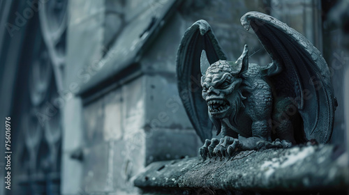 Gargoyle on Gothic cathedral, old monster statue close-up. Vintage stone demon sculpture on church wall background. Concept of scary chimera, devil and fantasy