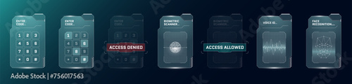 HUD biometric id set. Digital user recognition GUI or FUI interface. Person security verification PIN code entry panel. Human identity scanner and number touching dashboard. Vector protection screen