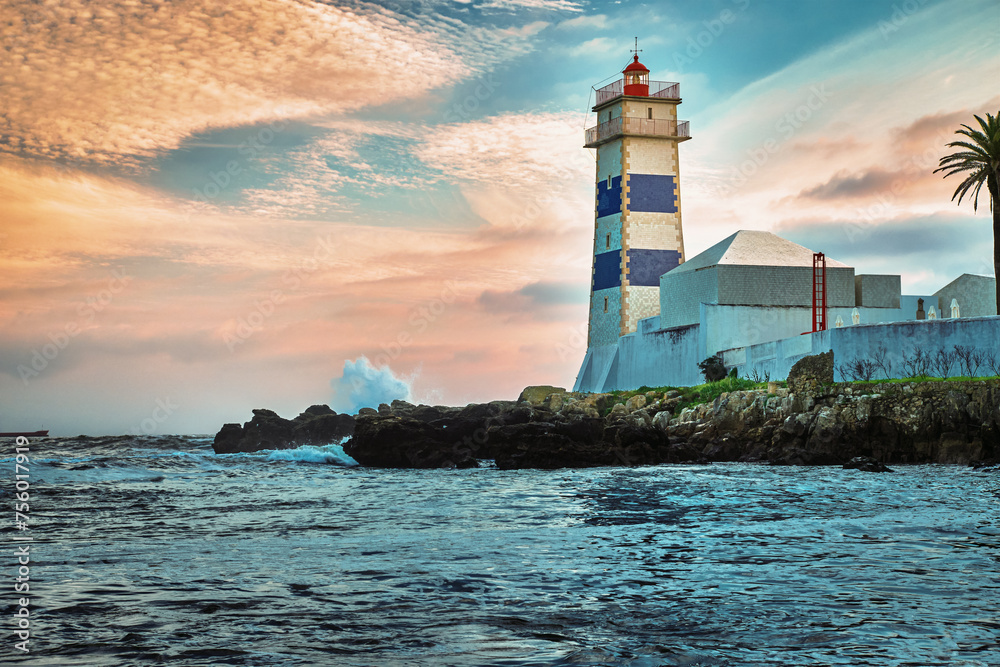 Dramatic landscape, sea, sunset, Santa Marta lighthouse, Cascais
