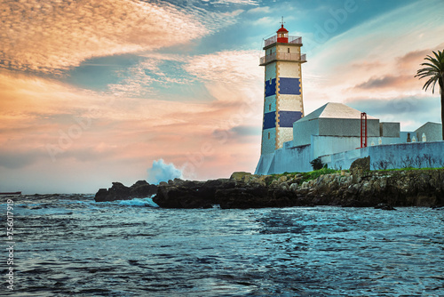 Obraz na płótnie Dramatic landscape, sea, sunset, Santa Marta lighthouse, Cascais w salonie