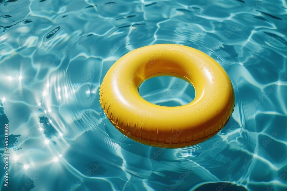 Yellow inflatable ring floating on blue water in swimming pool summer vacation concept Generative AI - obrazy, fototapety, plakaty 
